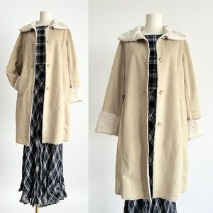 Dennis by Dennis Basso Cream Faux Suede Faux Fur Trim Penny Lane Coat Womens M